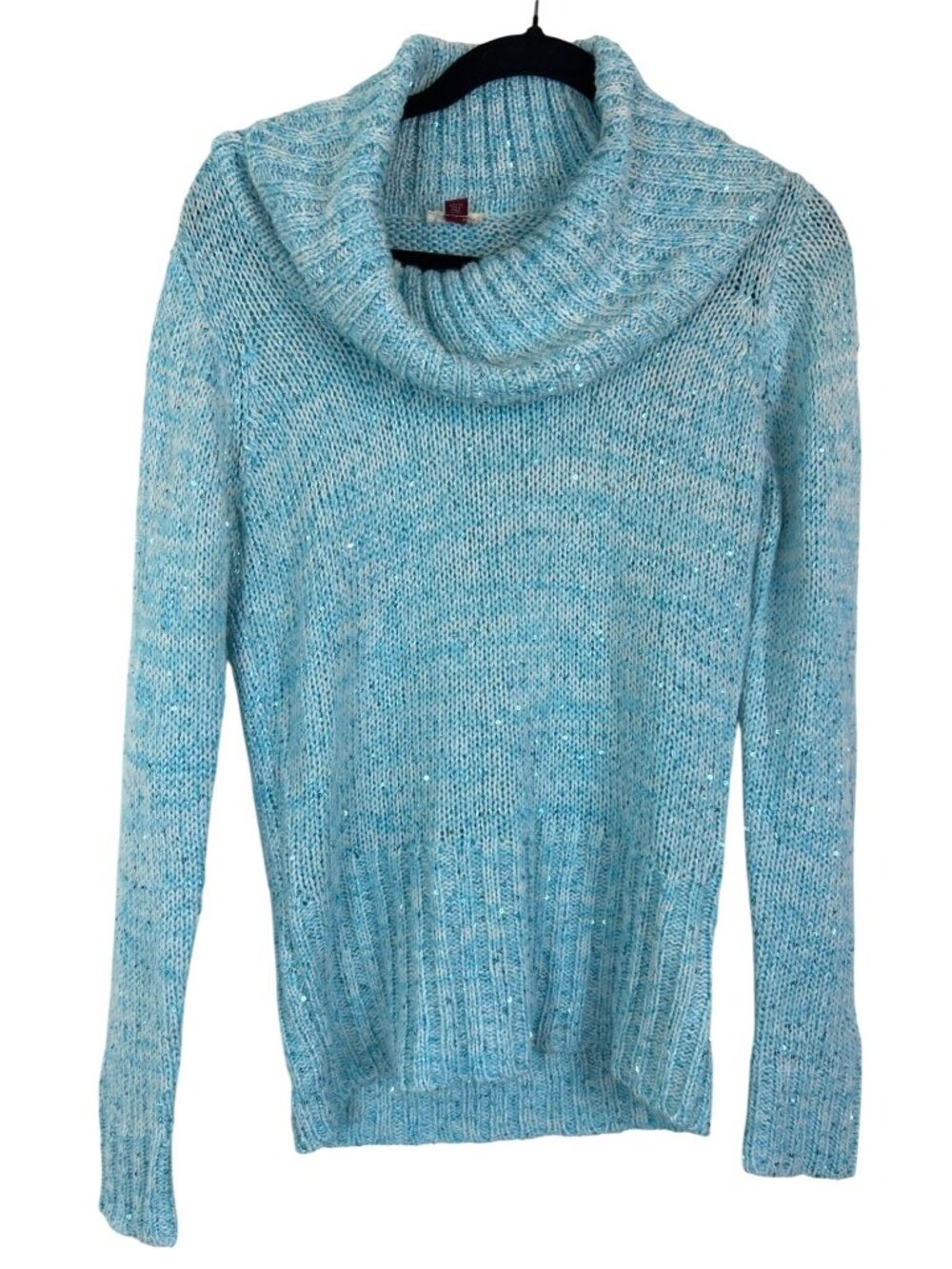 L.E.I. Y2K Sequined Cowl Neck Sweater Sz L Light Blue Knit Top Retro Cozy